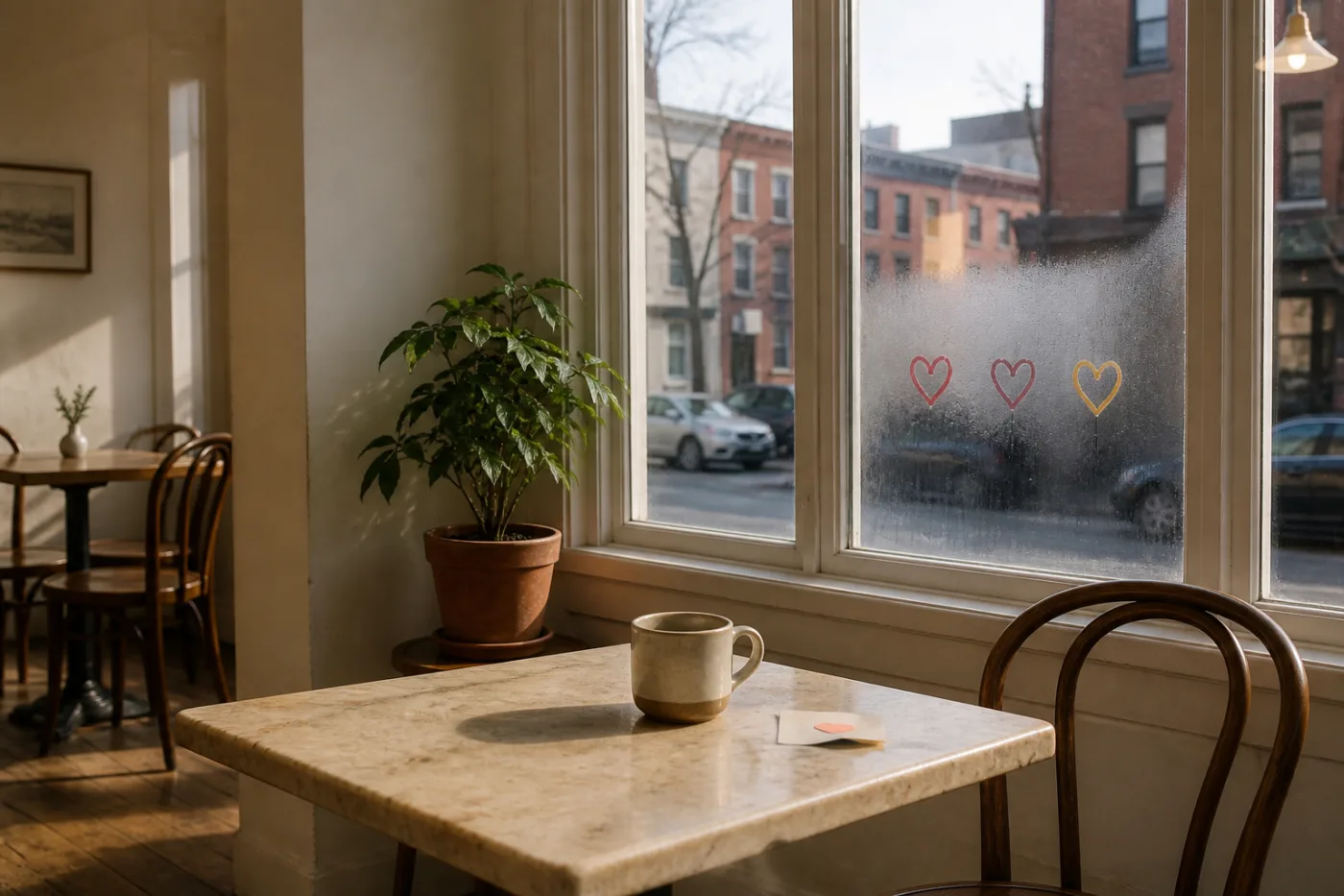 Hearts drawn on a coffee shop window.