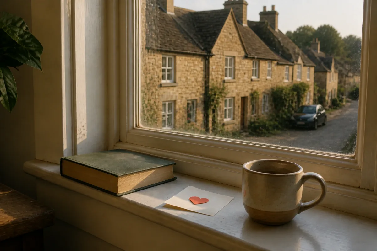 A heart left on a windowsill, a village street outside.