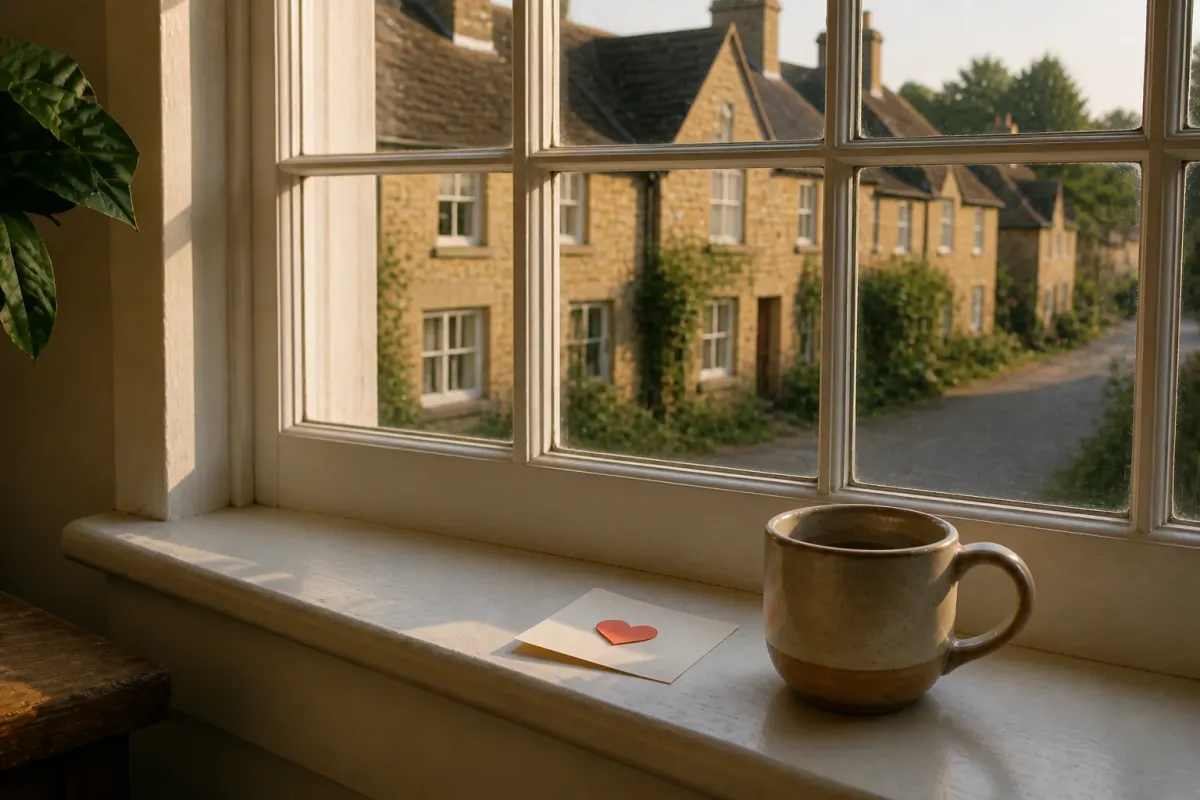 A heart left on a windowsill, a village street outside.