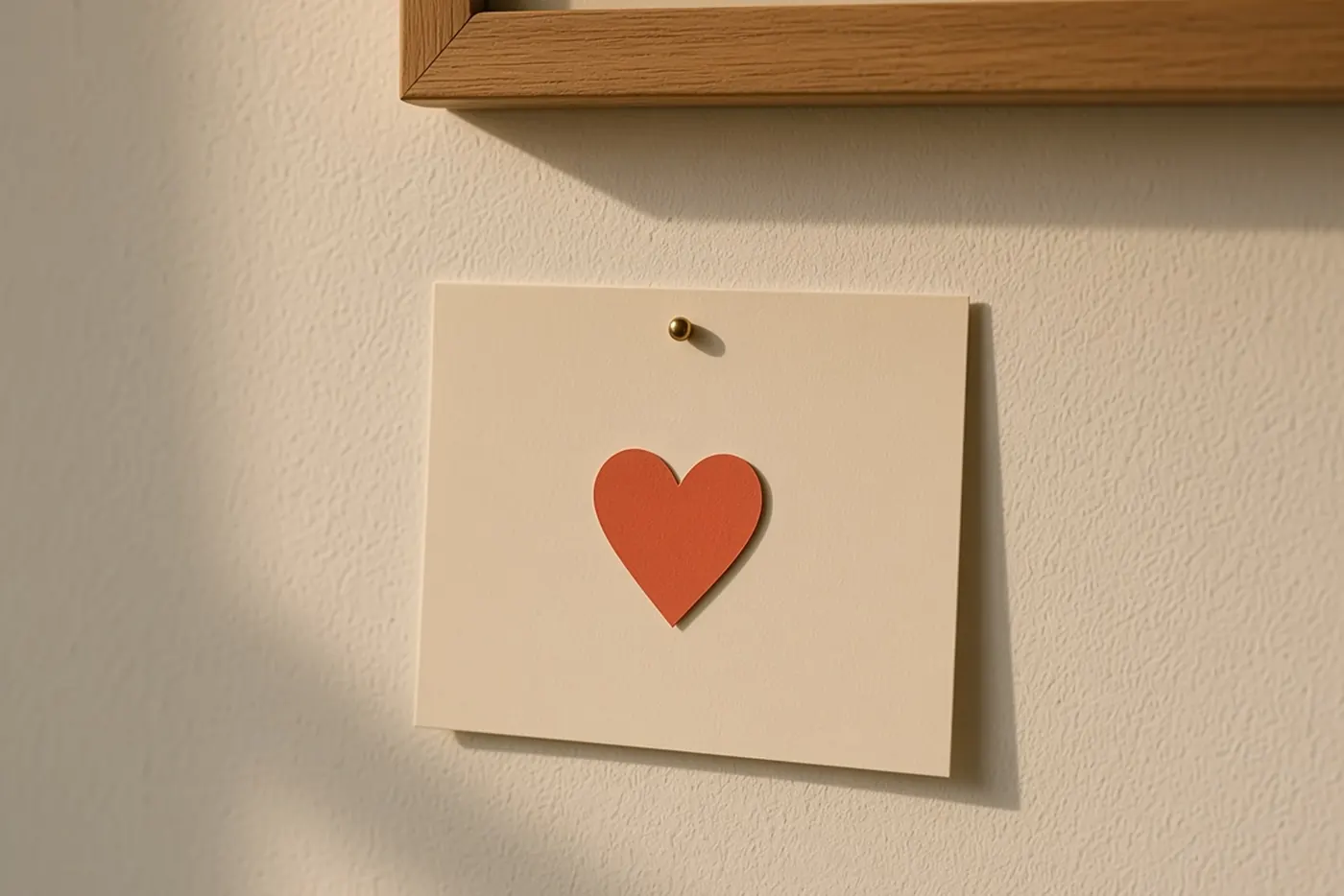 A card with a heart pinned to a sunlit wall.