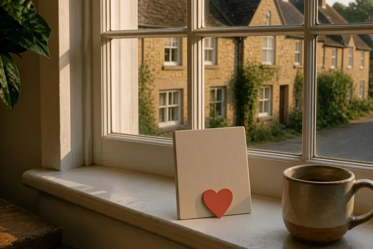 A small pale stone on a windowsill, a heart at its foot, a village street outside.