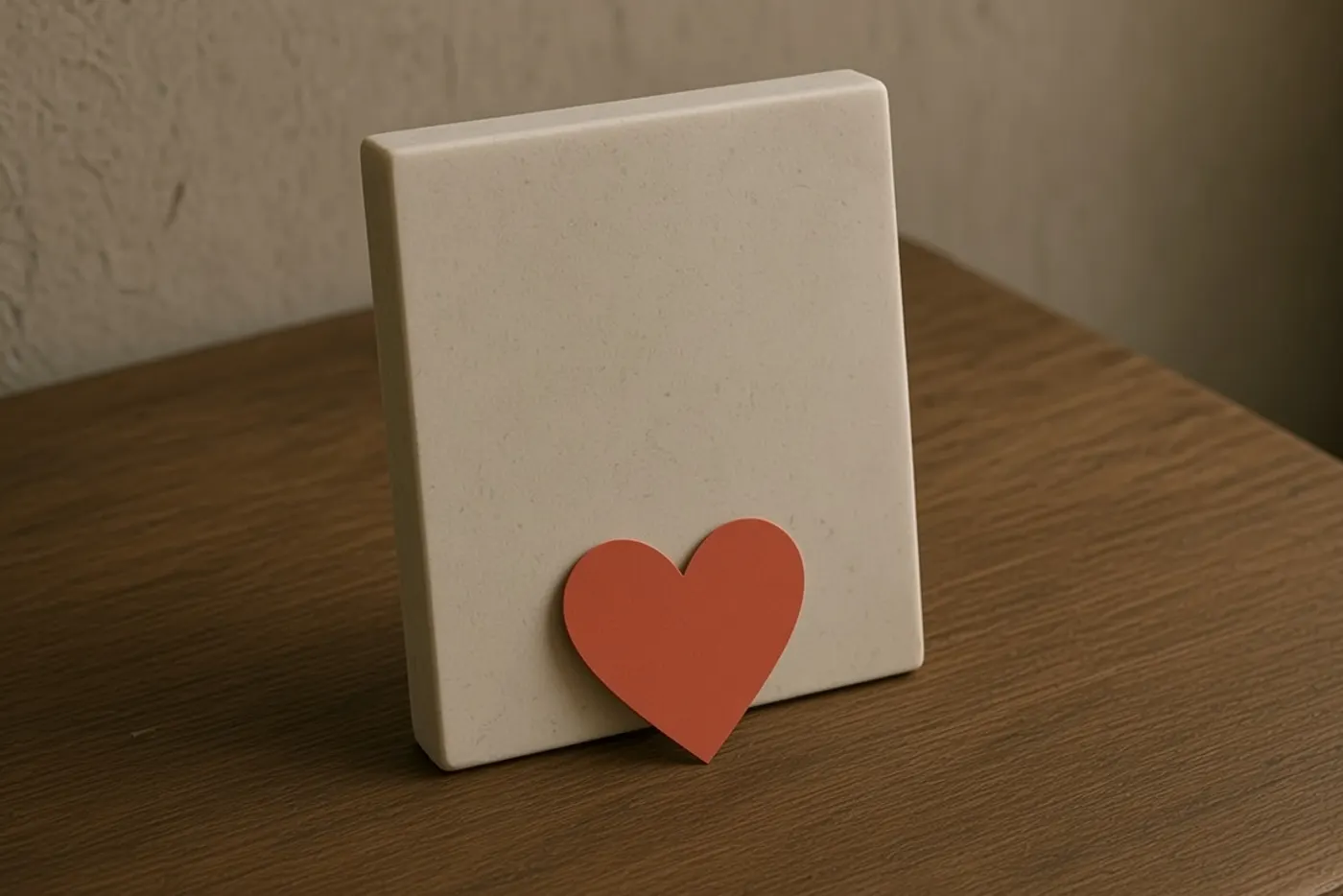 A small pale stone on a wooden table, a heart at its foot.