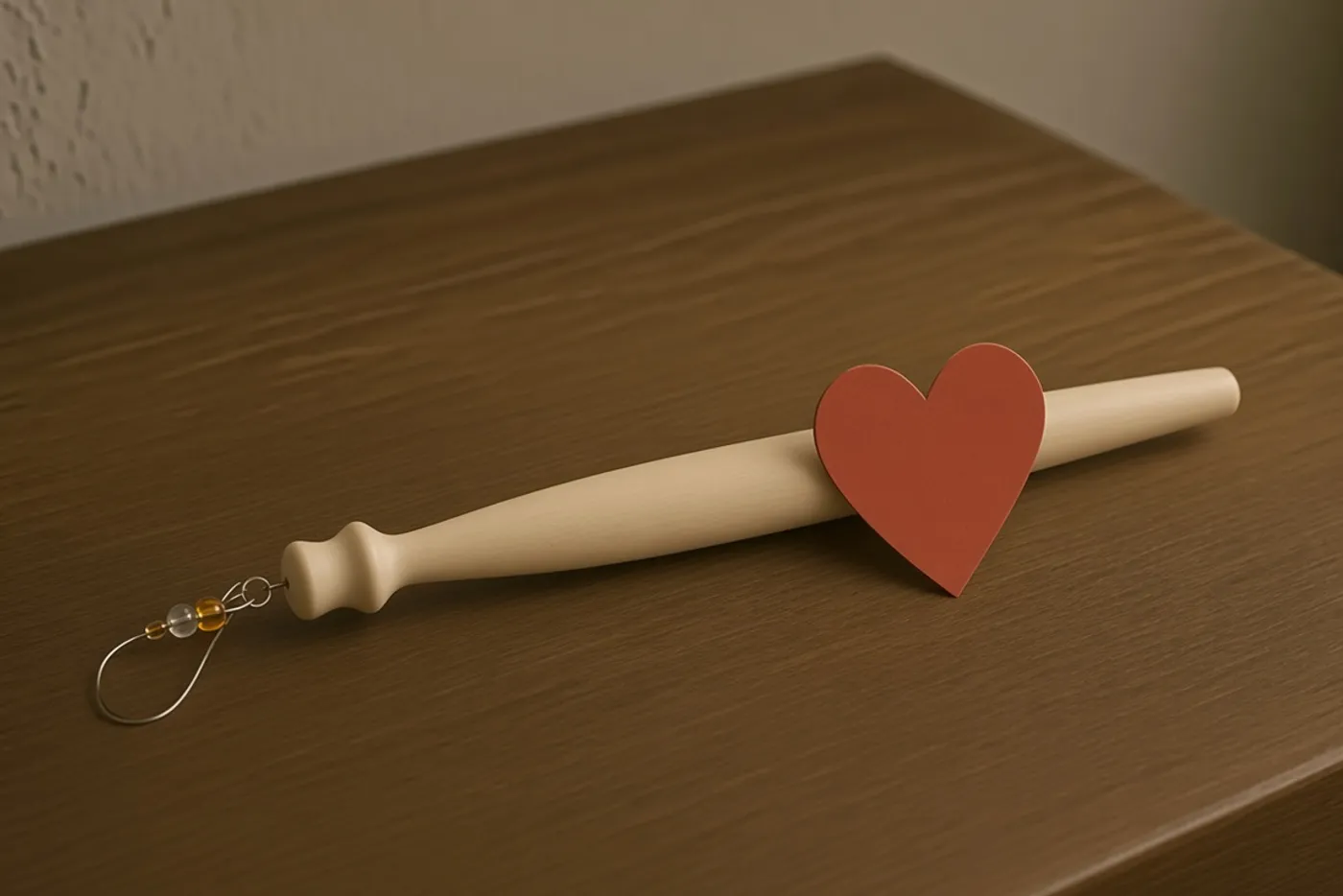 A pale bone lace bobbin on a wooden table, a heart against the bone.