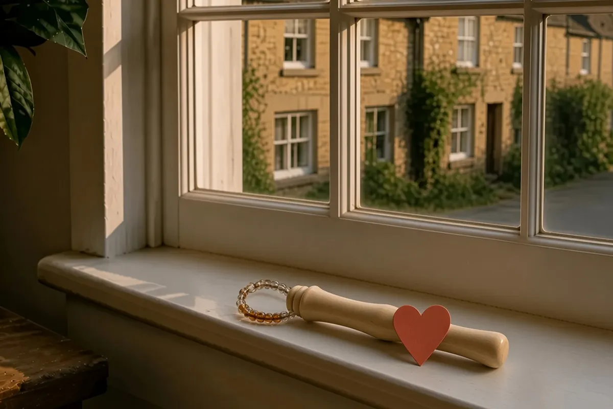A pale bone lace bobbin on a windowsill, a heart against the bone, a village street outside.