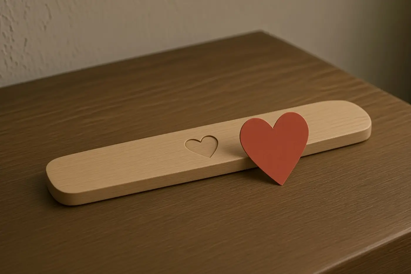 A pale wooden busk on a wooden table, a heart against the wood.