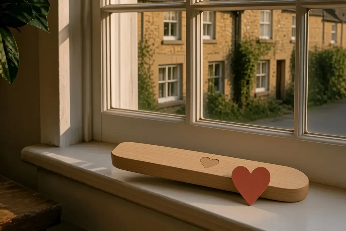A pale wooden busk on a windowsill, a heart against the wood, a village street outside.