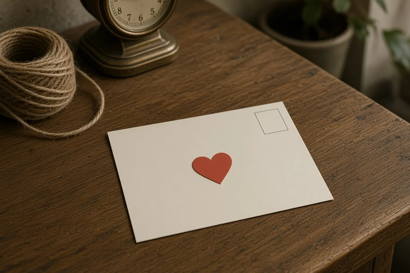 A postcard on a wooden counter, a heart on the card, twine and a clock beside it.