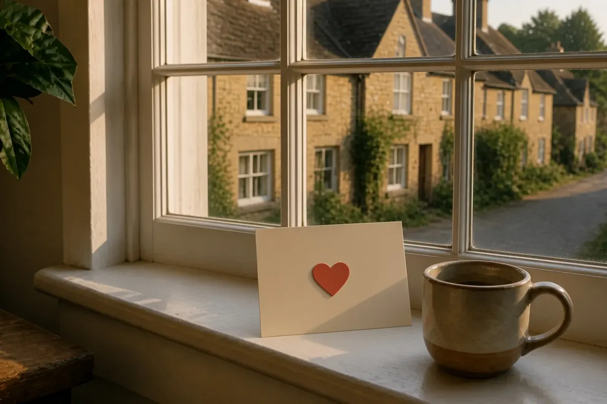 A postcard on a windowsill, a heart on the card, a village street outside.