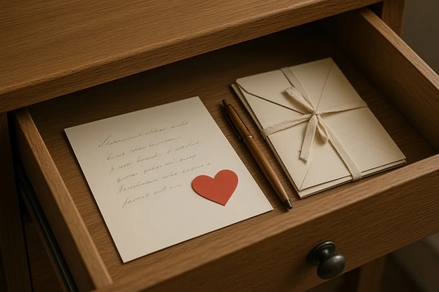 A letter with a heart kept in an open desk drawer, beside a tied bundle of envelopes.