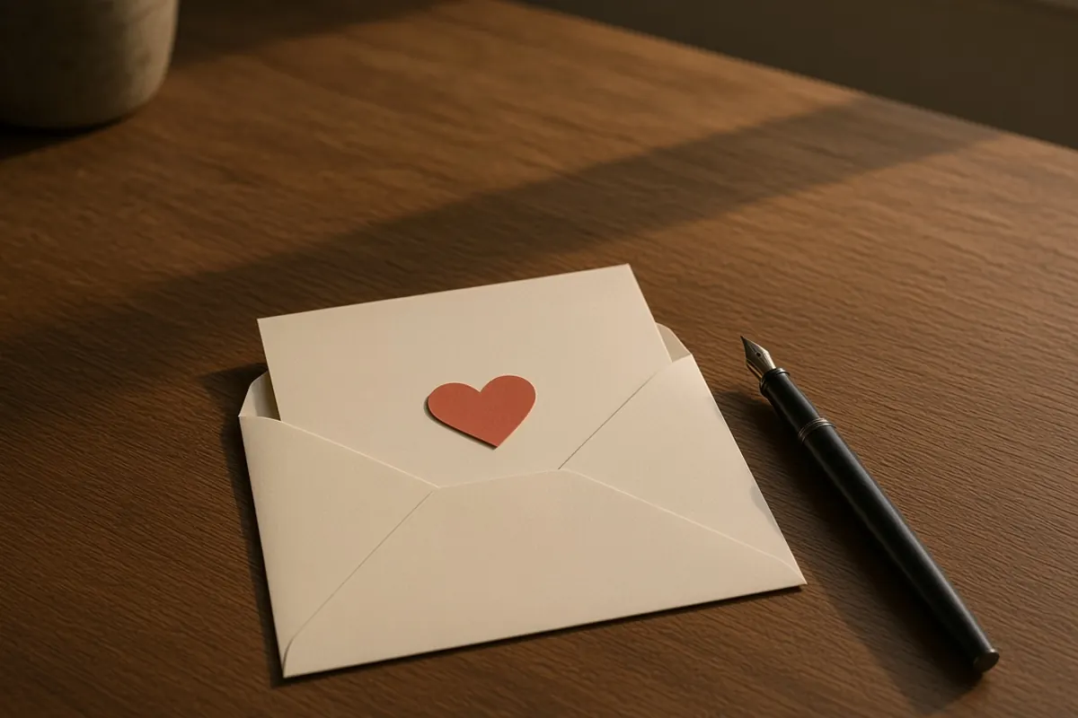 An open envelope on a desk, a letter and a heart inside, a pen beside it.