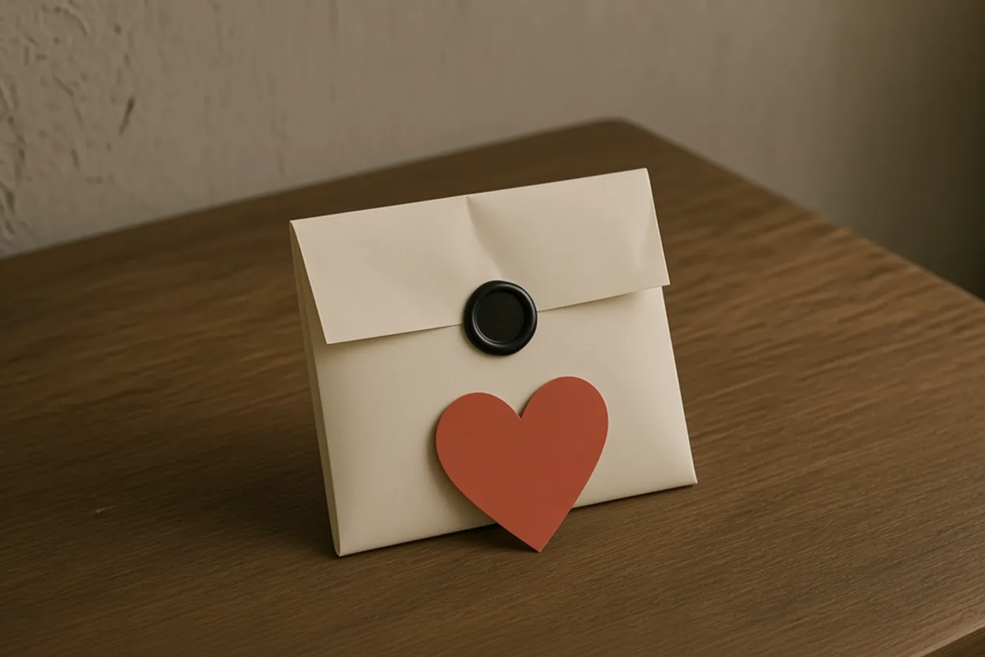 A cream paper packet sealed with black wax on a wooden table, a heart against it.