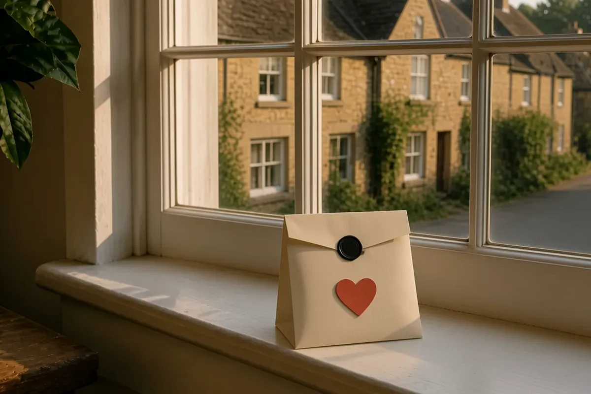 A cream paper packet sealed with black wax on a windowsill, a heart on the packet, a village street outside.