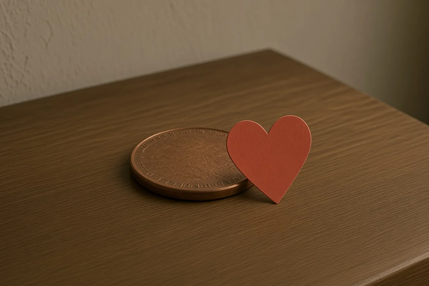 A worn copper penny on a wooden table, a heart against the coin.