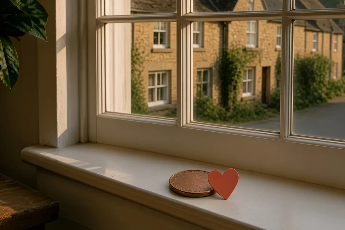 A worn copper penny on a windowsill, a heart against the coin, a village street outside.
