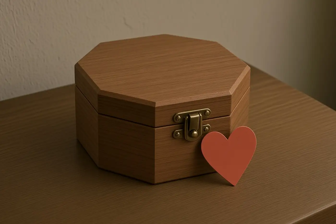 An octagonal wooden box on a wooden table, a heart against the box.