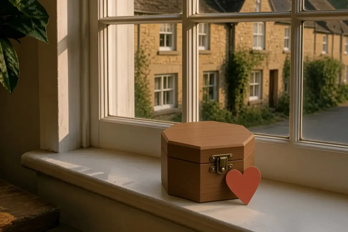 An octagonal wooden box on a windowsill, a heart against the box, a village street outside.