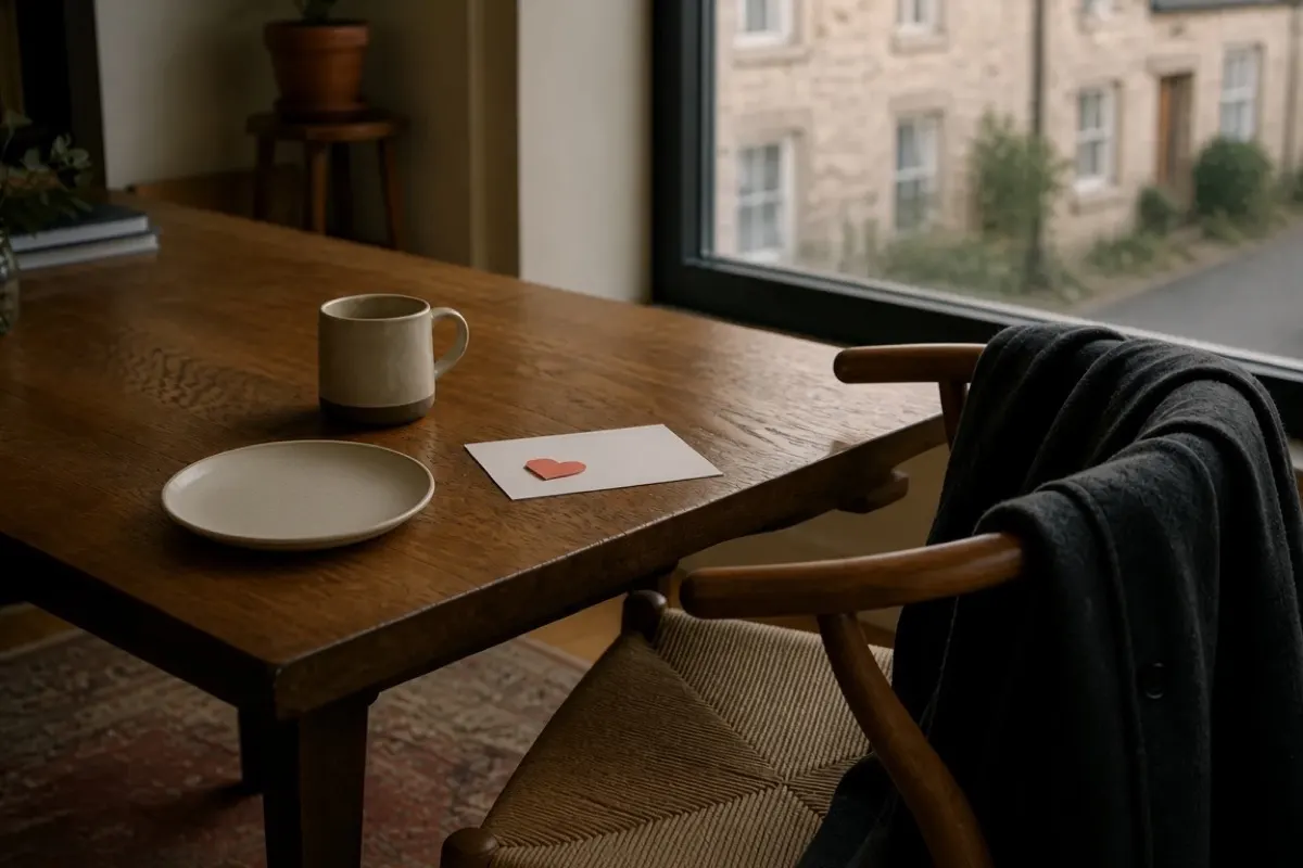 An empty chair at a kitchen table, a small heart left on a card.