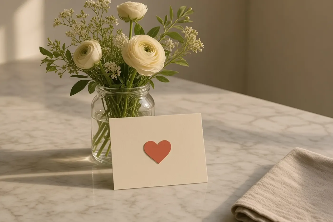 A thank-you card with a heart, standing by a jar of white flowers.