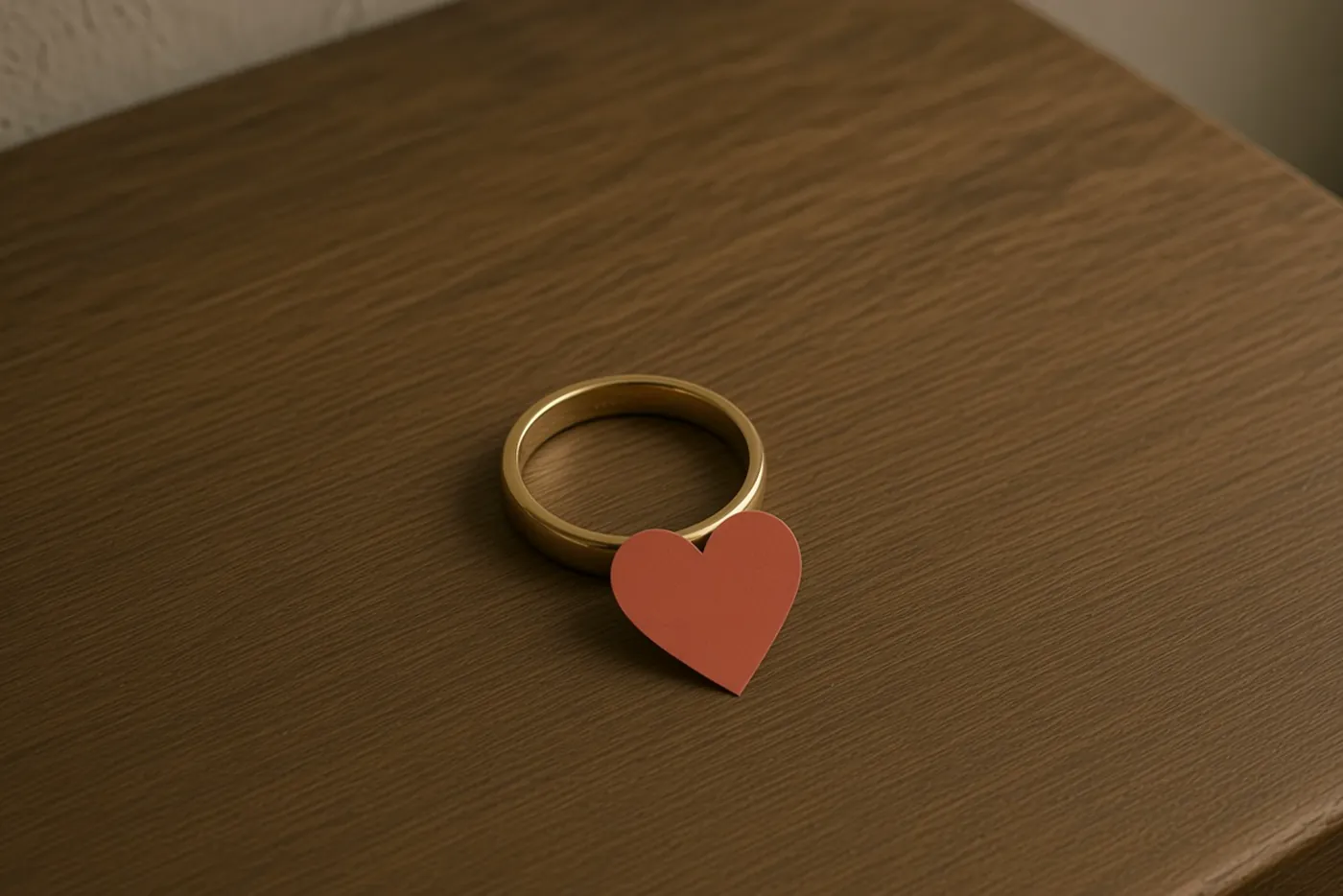 A plain gold ring on a wooden table, a heart against the band.