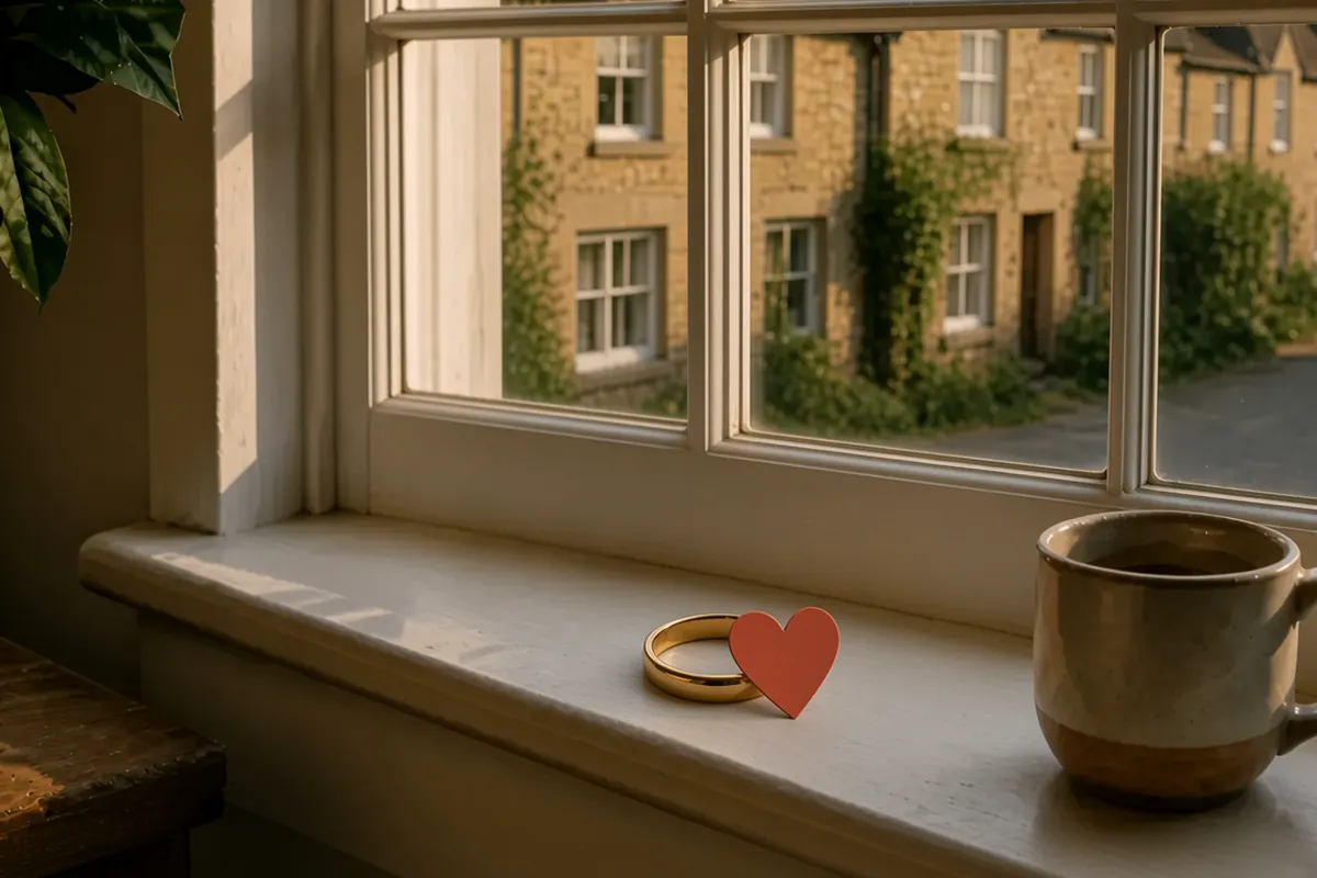 A plain gold ring on a windowsill, a heart against the band, a village street outside.