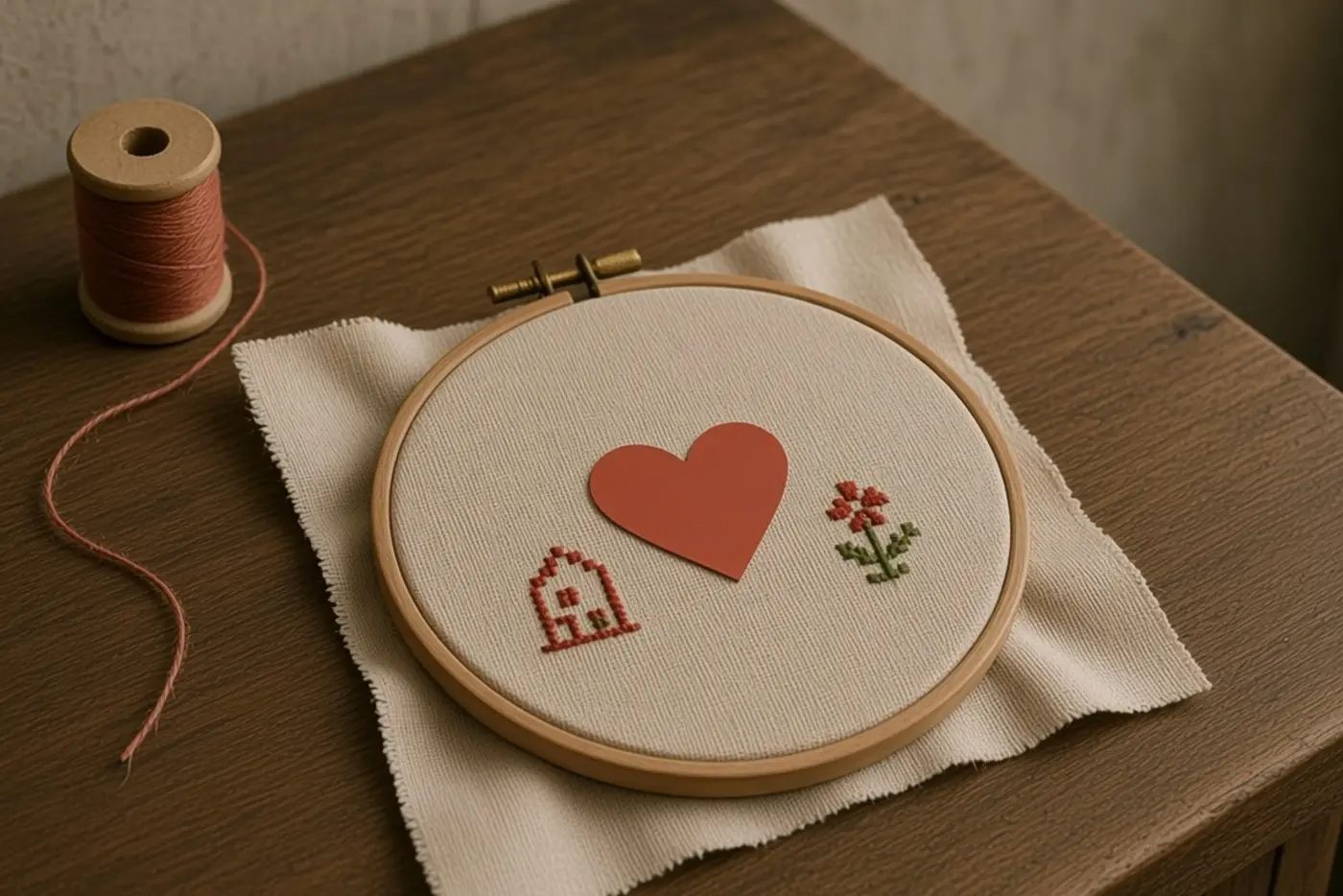 An embroidery hoop on a wooden table, a heart on the linen, a spool of thread beside it.