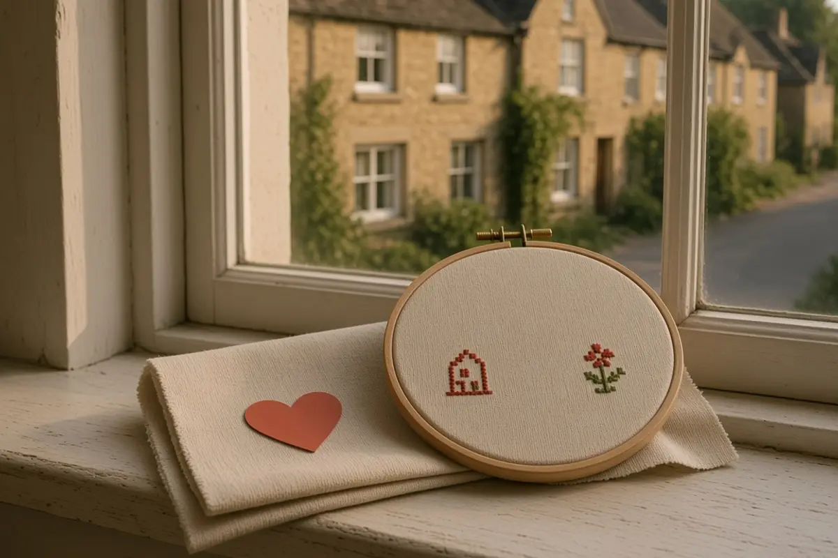 An embroidery hoop and a folded cloth on a windowsill, a heart on the cloth, a village street outside.