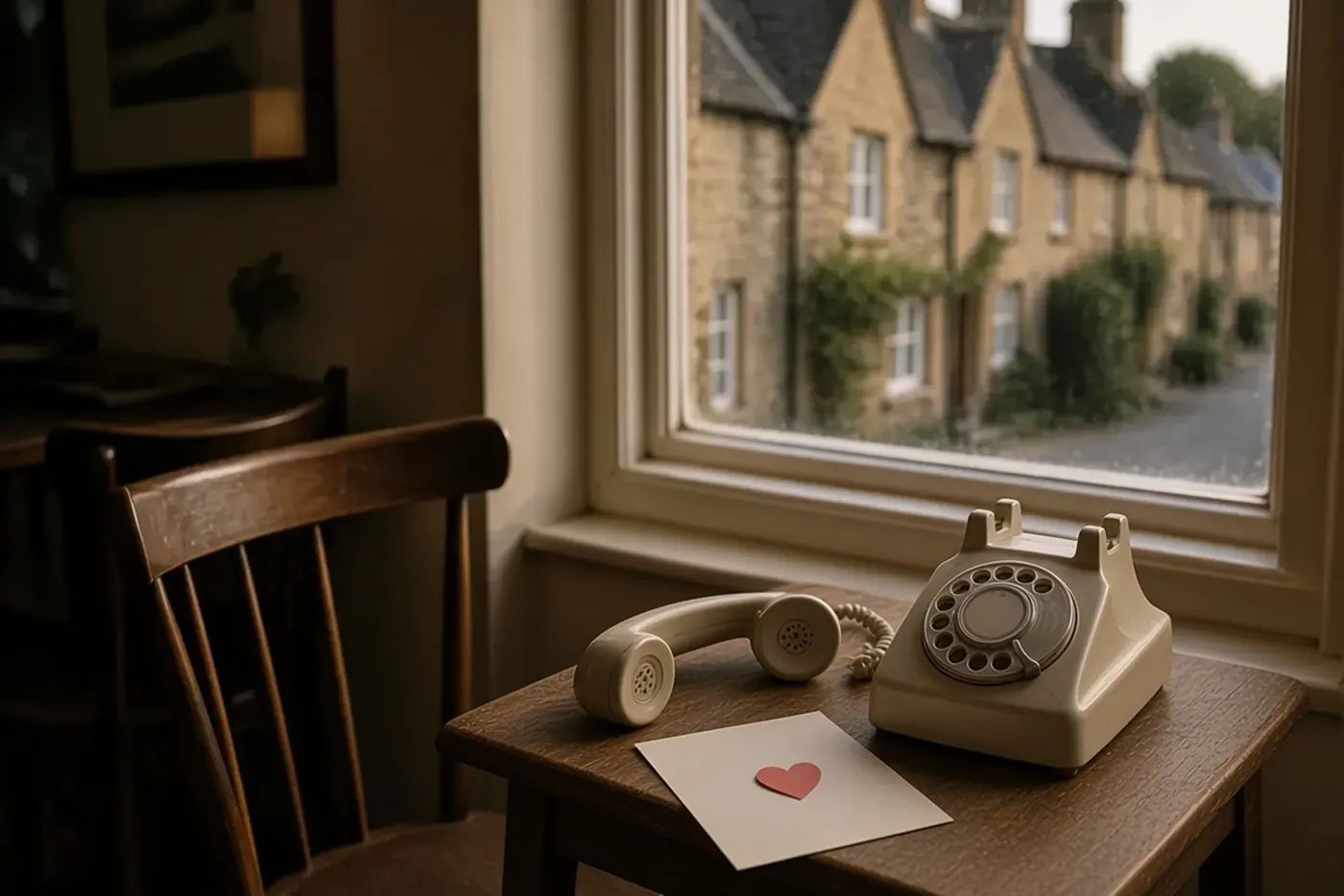 An old telephone with the handset set down, a note and a heart beside it, an empty chair.