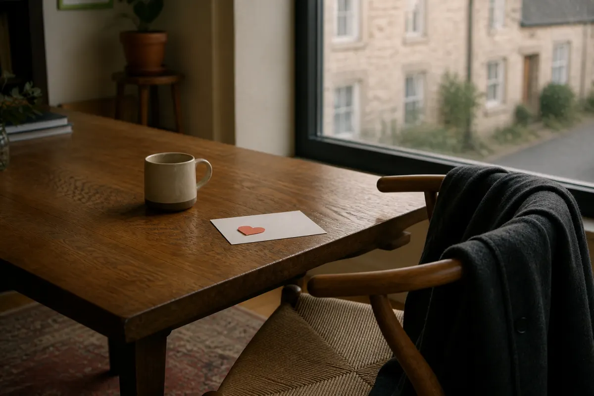 A coat on a chair, a heart left on the table.
